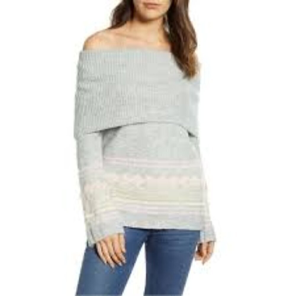 Caslon Fair Isle Cowl Neck Sweater Womens size S Gray Pink & White Off Shoulder